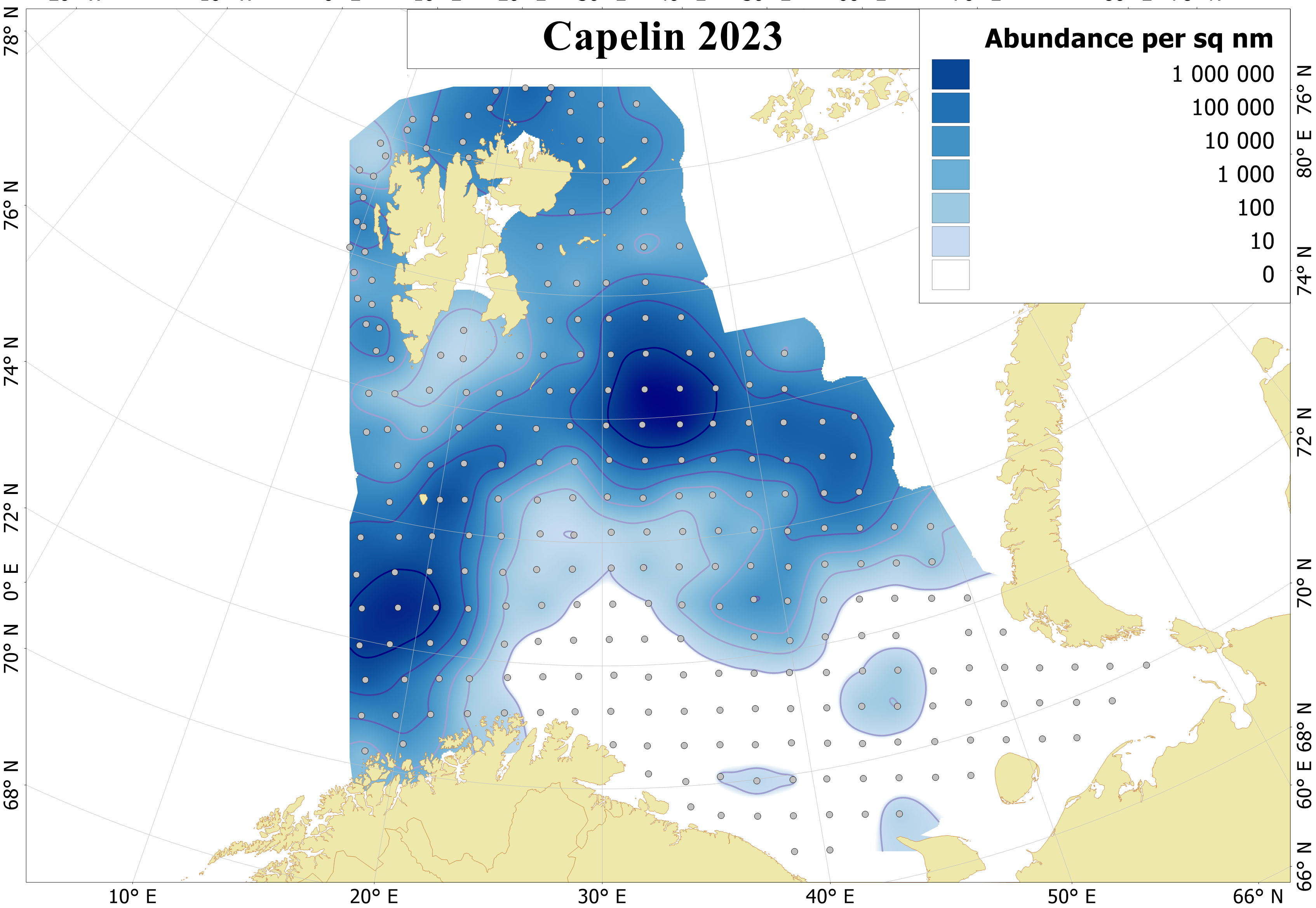 Figure 6.1.1. Distribution of 0-group capelin, August-September 2023. Abundance is corrected for capture efficiency (Keff). Dots indicate sampling locations.