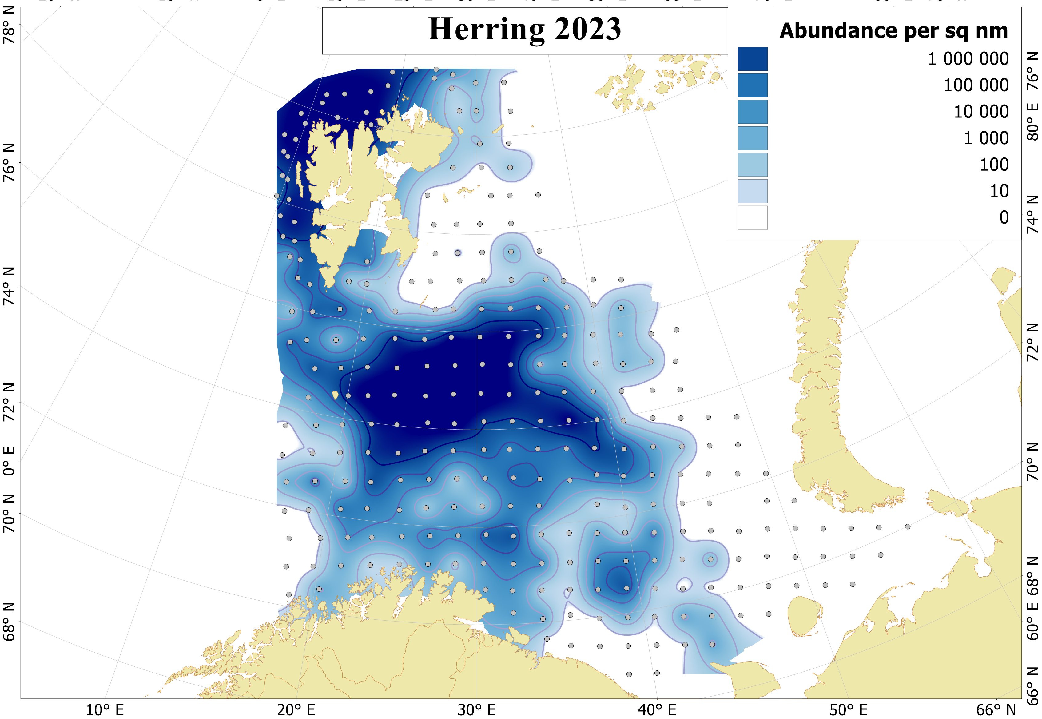 Figure 6.4.1. Distribution of 0-group herring, August-September 2023. Abundance is corrected for capture efficiency (Keff). Dots indicate sampling locations.