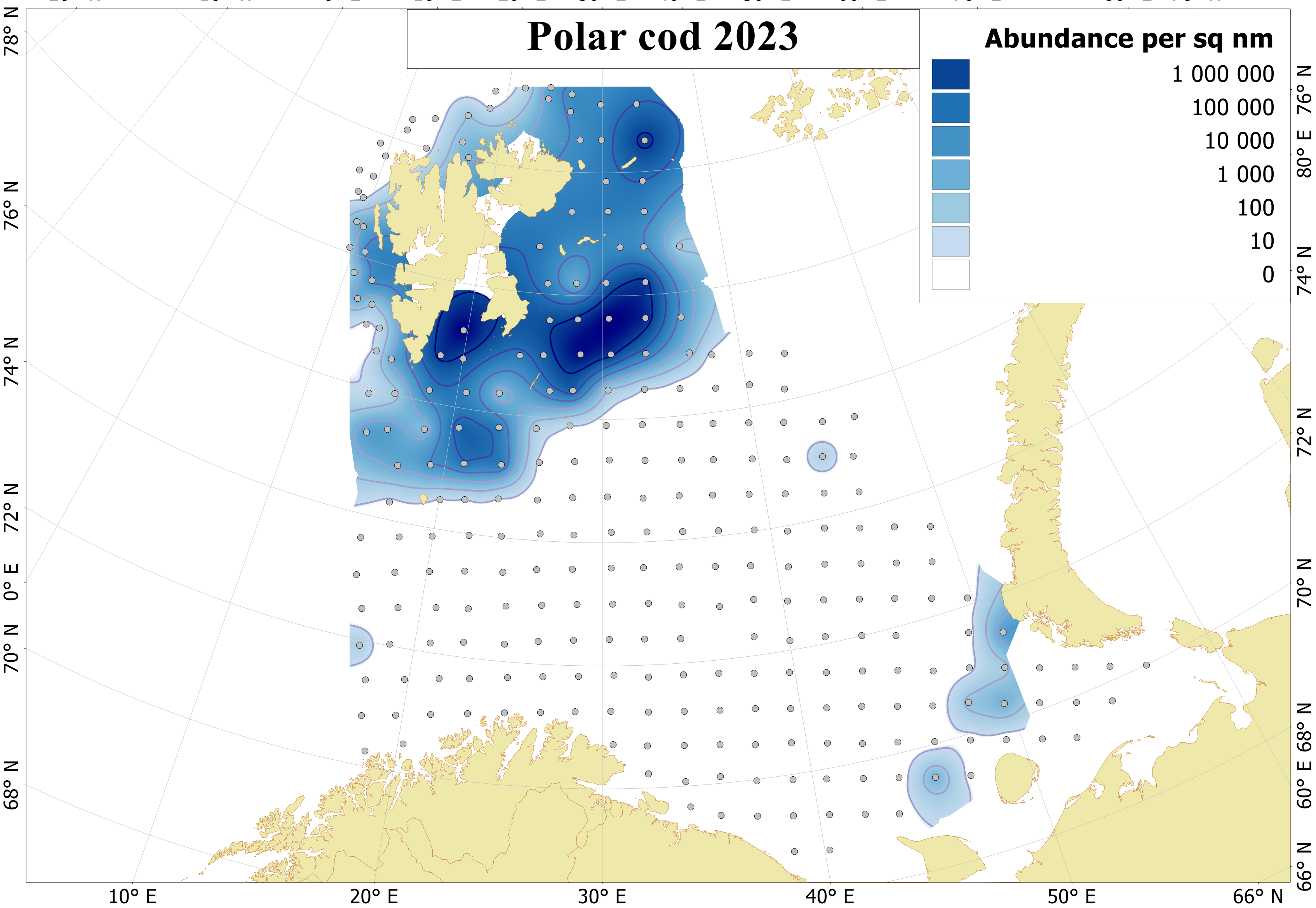 Figure 6.5.1. Distribution of 0-group polar cod, August-September 2023. Abundance is corrected for capture efficiency (Keff). Dots indicate sampling locations.