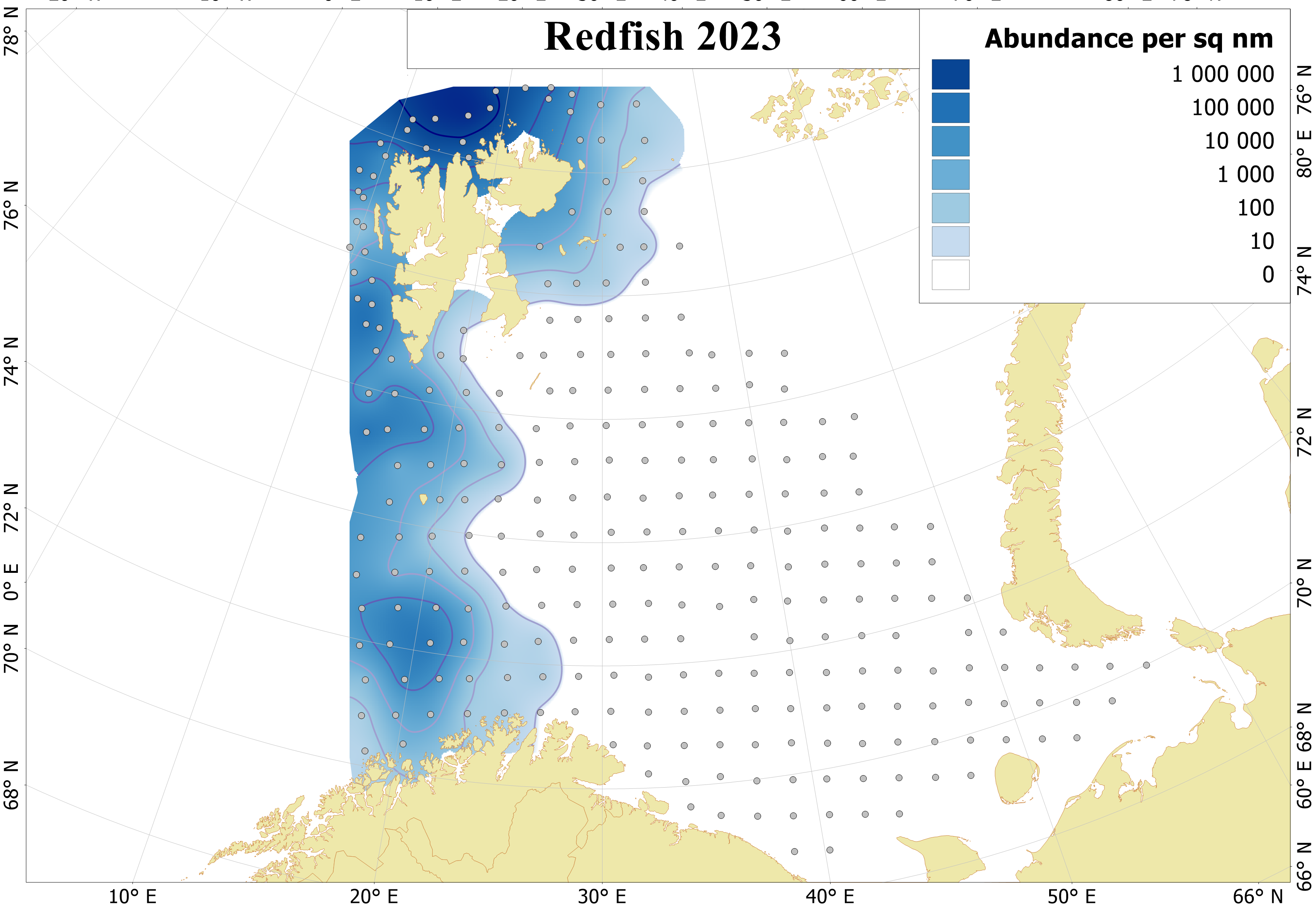 Figure 6.7.1. Distribution of 0-group redfishes (mostly Sebastes mentella) in August-September 2023. Abundance corrected for capture efficiency. Dots indicate sampling locations.
