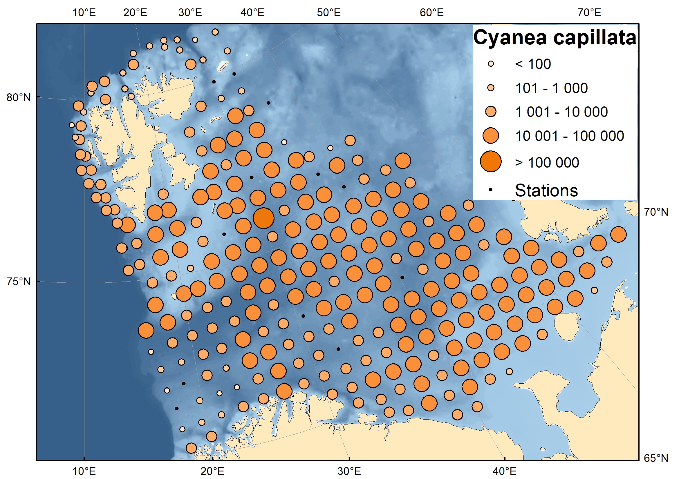Figure 5.3.3.1. Distribution of Cyanea capillata (wet weight; kg per nmi) in the Barents Sea, August-October 2023. 