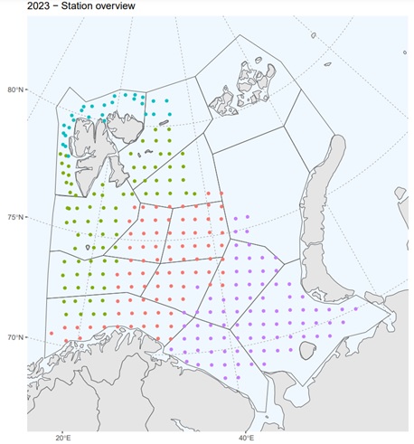 Figure 6.1. Map showing spatial coverage of the 0-group fish in the Barents Sea in 2023