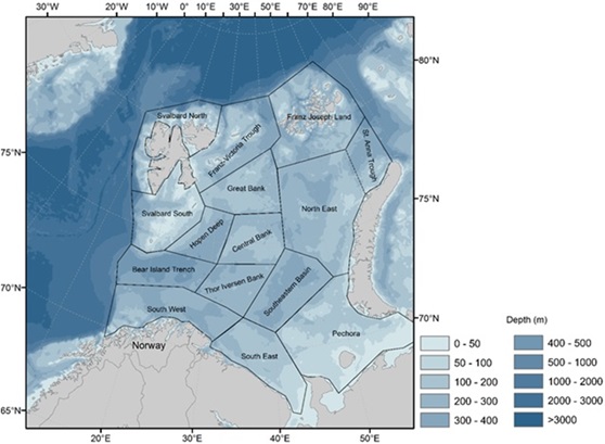 Figure 6.2. Map showing subdivision of the Barents Sea into 15 subareas (polygons) used to estimate abundance of 0-group fish based on the BESS.