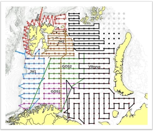 Figure 2.1. BESS 2023, planned survey map with ecosystem stations and vessel tracks.