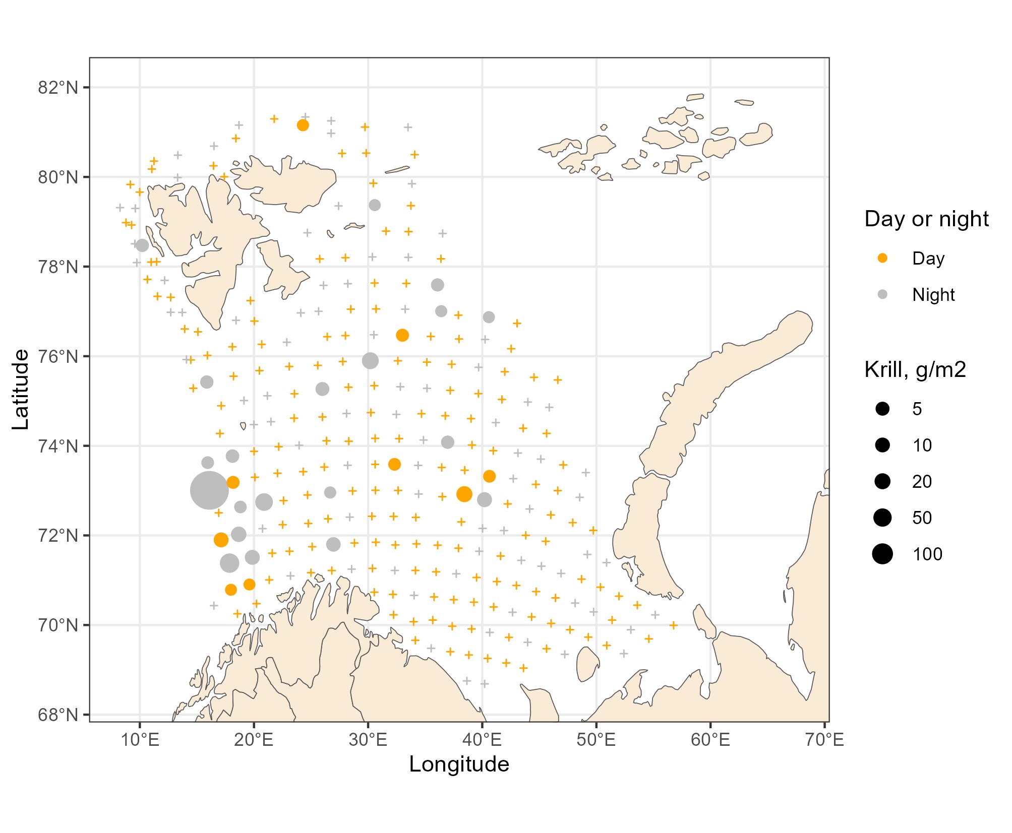 Figure 5.3.1.2 Krill distribution, based on pelagic trawl stations covering the upper water layers (0-60 m), in the Barents Sea in August-October 2023.
