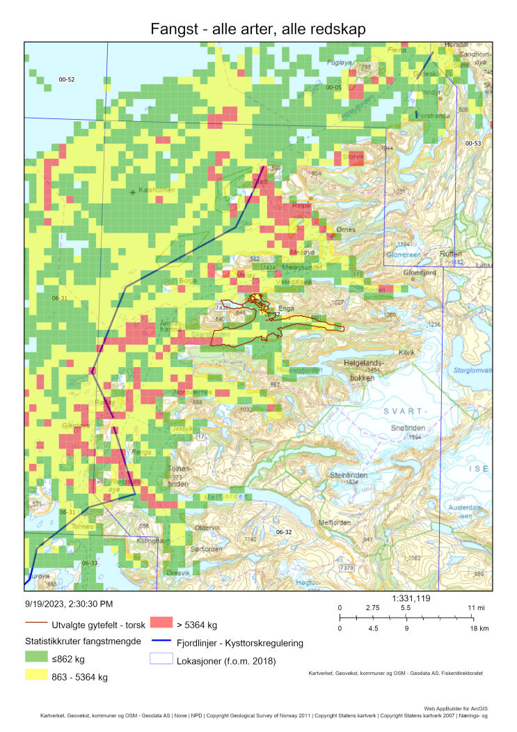 Figur 55 : Oversiktskart fiskeriaktivitet (AIS/VMS koblet med sluttseddeldata/ERS) i lokasjon 6-32 som inkluderer gytefeltet Bjærangsfjorden (markert med mørkerøde linjer). Totale landinger av alle arter (kun sluttsedler som lot seg koble til detaljerte aktivitetsdata) i perioden 2018-2021 vises i rutenett farget etter en trafikklysmodell (rød > gul > grønn).