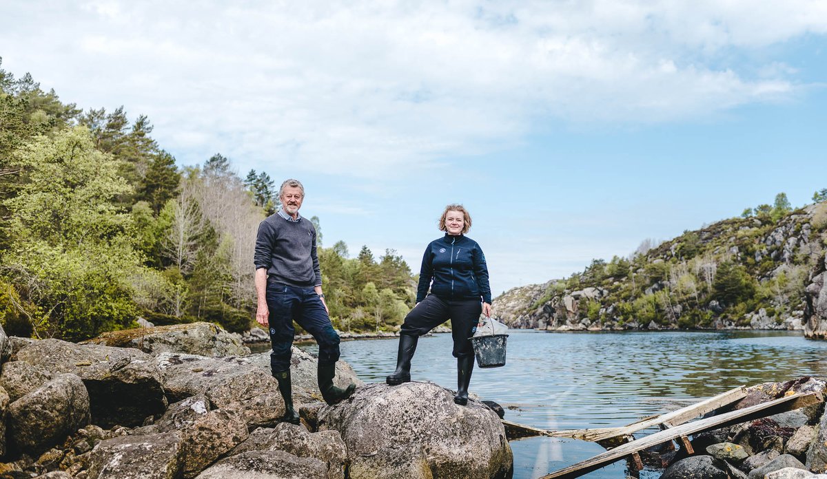 
Dame og mann står på i stranden foran en østerspoll.