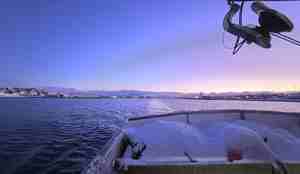 foto av hekken på en sjark som går ut i vinterlys