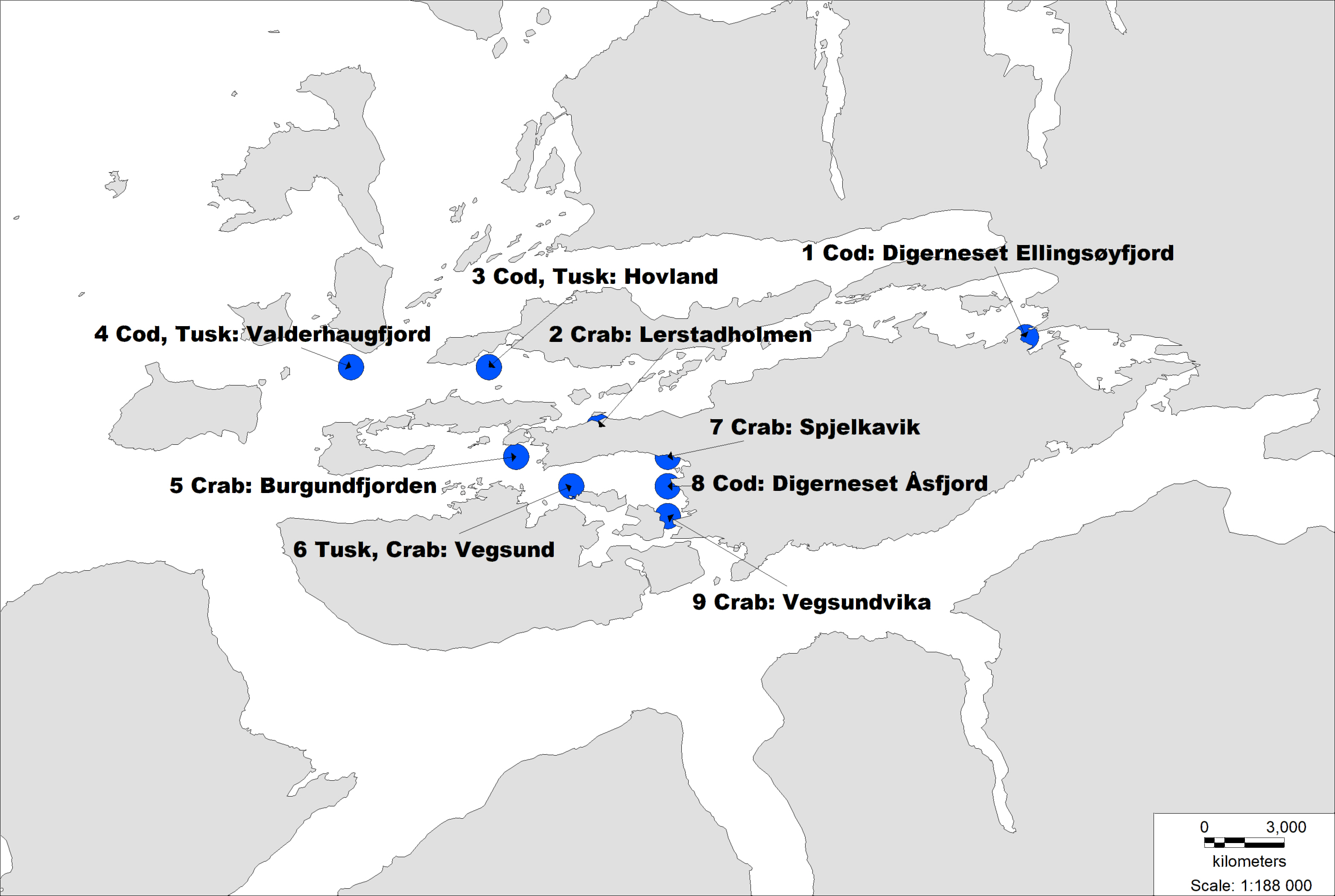 Kartet viser at det er tatt prøver frå sjømat i Valderhaugfjord, Hovland, Lerstadholmen, Digerneset Ellingsøyfjord, Burgundfjorden, Spjelkavik, Digerneset Åsfjorden, Vegsund og Vegsundvika.