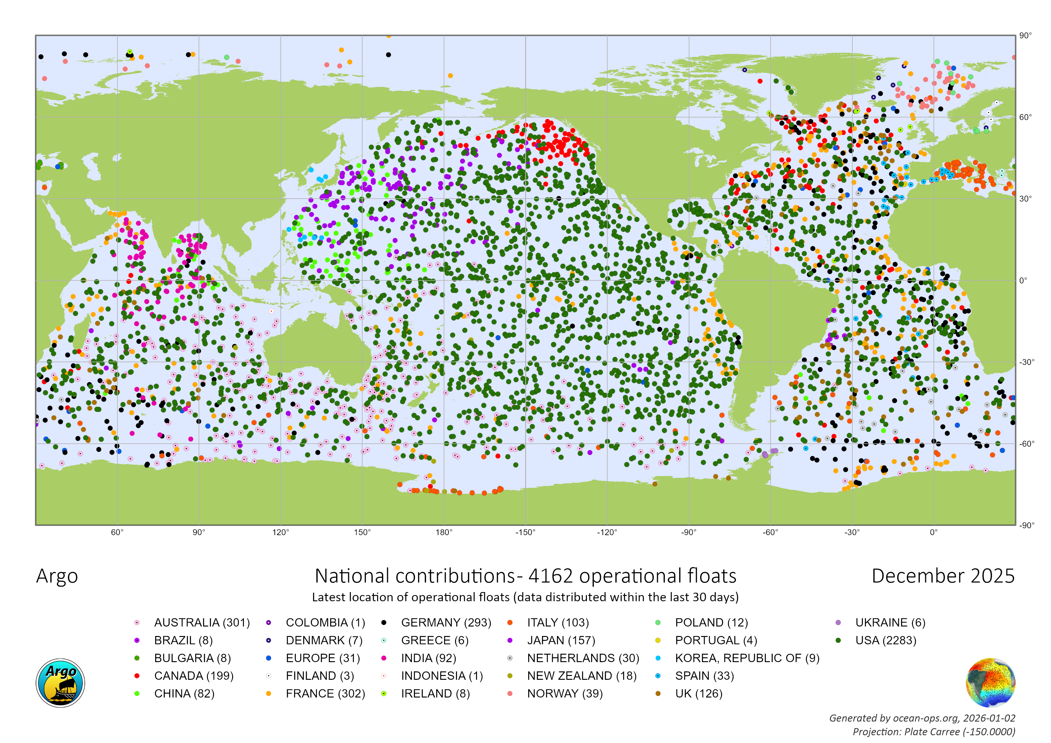 
Kart over verdenshavene som viser hvor de 4000 Argo-bøyene er plassert. 