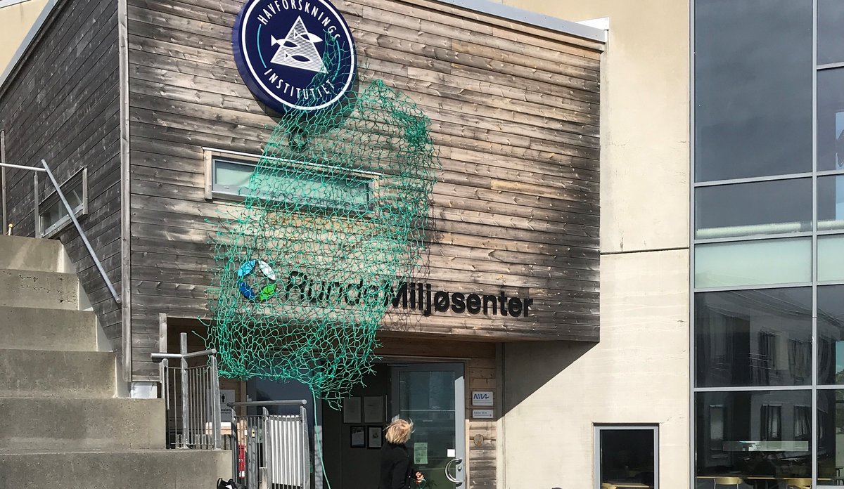 Havforskingsdirektør avdukar logoen til Havforskingsinstituttet over inngangsdøra på Runde miljøsenter.