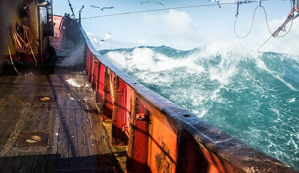 
Et actionfylt bilde der relingen på en tråler går diagonalt fra øverst til venstre til nederst til høyre. I høyre trekant av bildet ser vi opprørt, turkis hav, sjøsprøyt og skumtopper. Store fugler, antagelig måker, kretser rundt. I venstre trekant ser vi relingen i rødoransje, slitt brunt tre og en ledningskveil som henger på styrhuset.