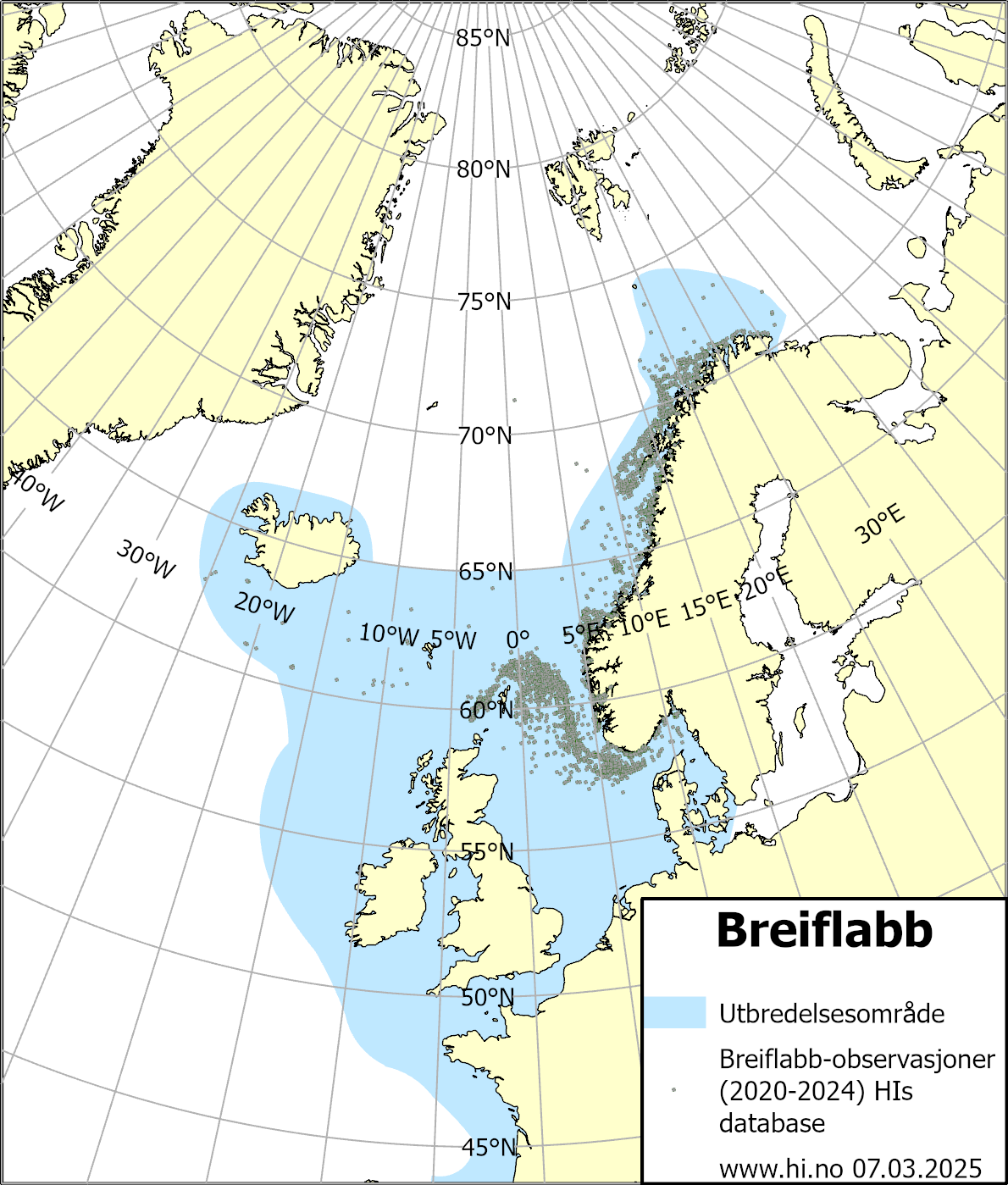 kart som viser utbredelsesområdet for breiflabb