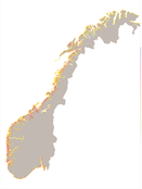Kartmodell over Norge hvor fargelagte områder  indikerer forventet påslag av plast
