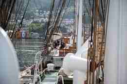 A barque, an old sailing vessel with three masts.