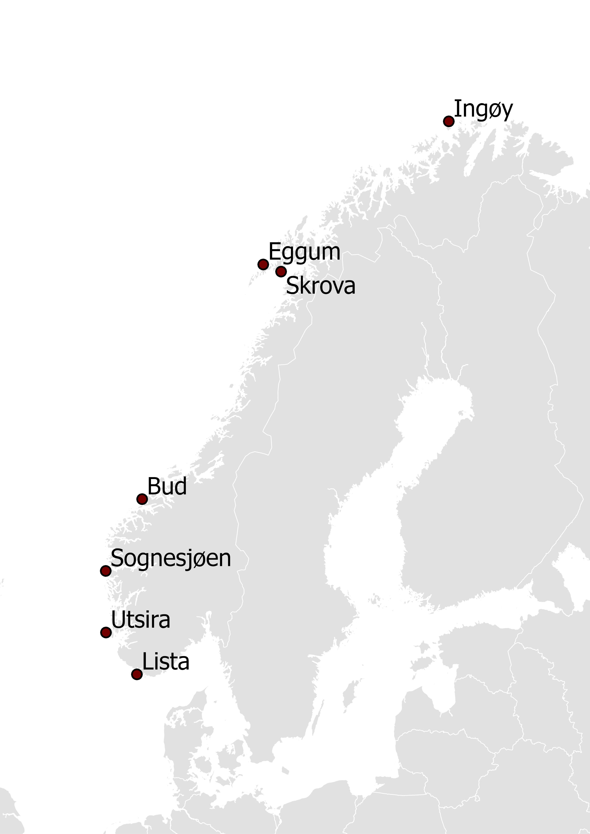norgeskart med prikker for stasjoner fra sør til nord