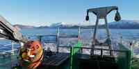 

dekket på en båt i fart med en blå fjord og snøkledde fjelltopper i bakgrunnen 