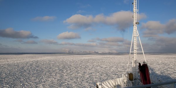 

Baugen på et skip i forgrunnen og hvit sjøis i bakgrunnen.