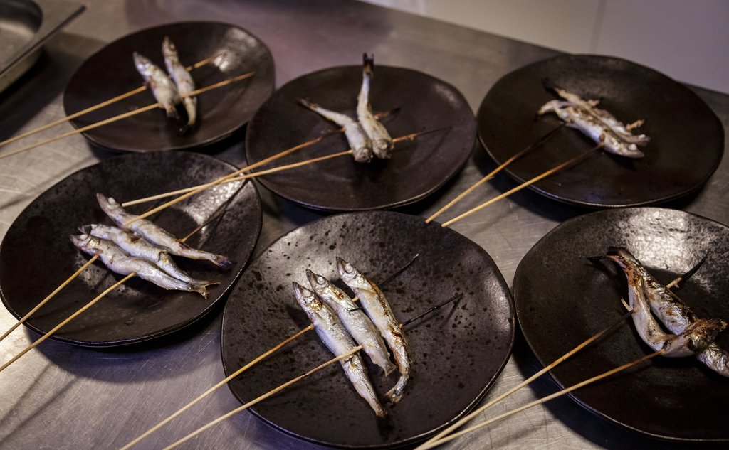 Mange middagstallerkenar som syner grillspyd med rognlodde.