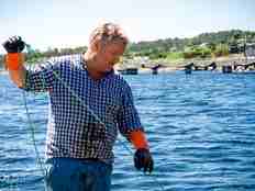 Blond mann med blårutet skjorte og fiskehansker haler tapte teiner med tau foran bebygd skjærgård