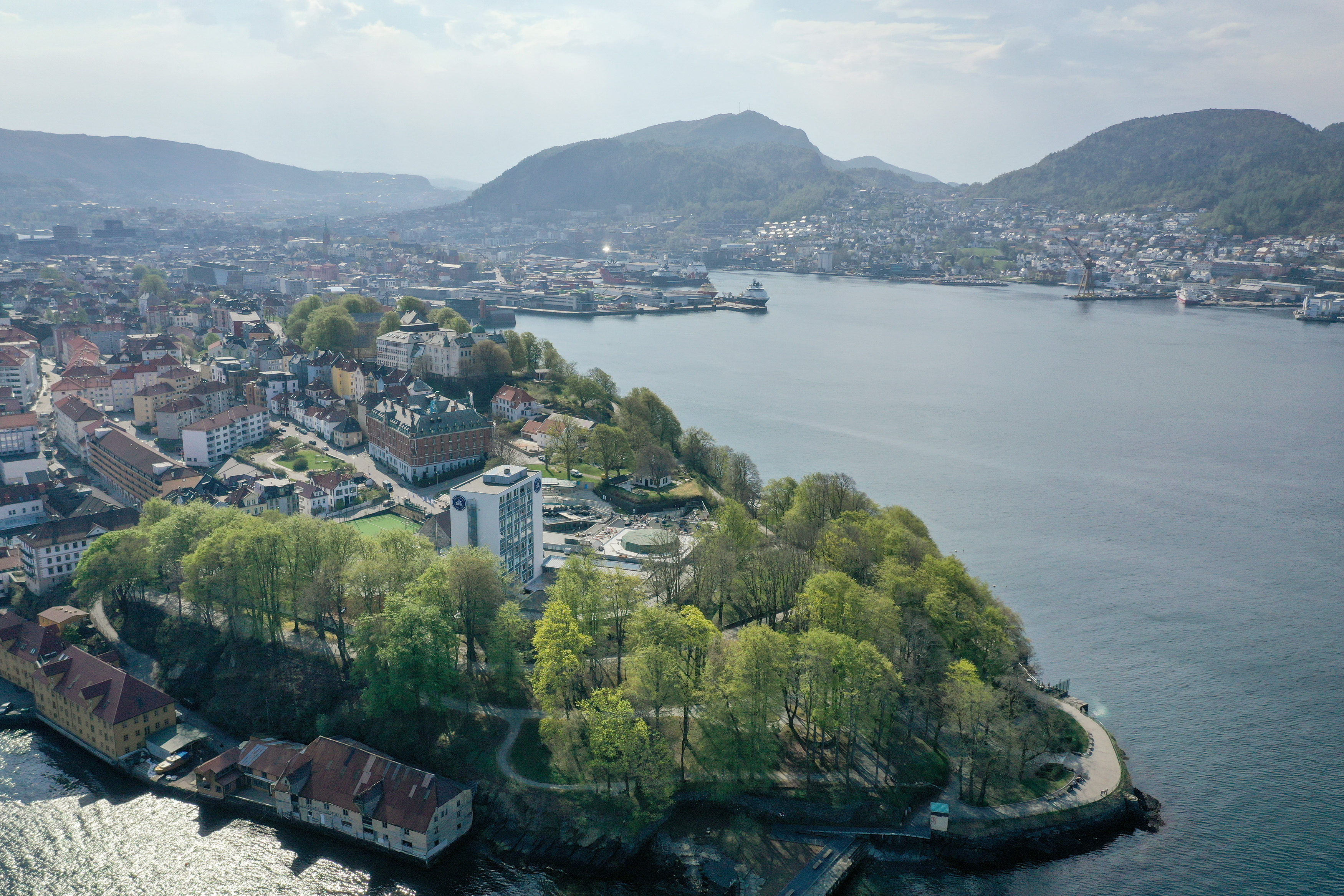 Flyfoto med Nordnes og høyblokken til HI i forgrunnen og Dokken i bakgrunnen