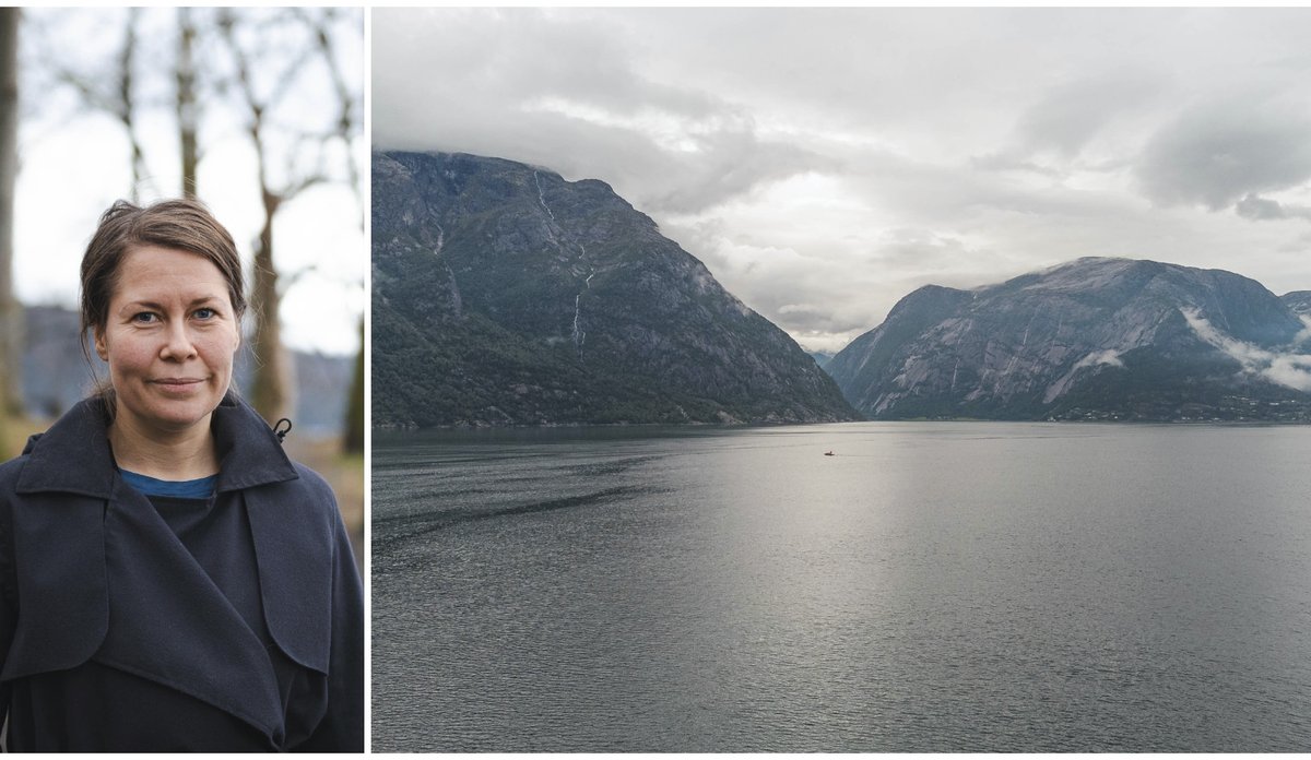 
to bilder satt sammen, en kvinne i kåpe ser i kamera, et fjordlandskap med høye fjell og lett tåke 