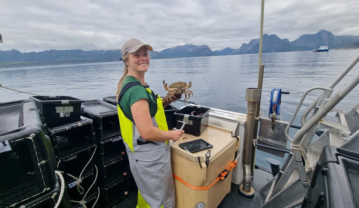 
Forsker på dekk med fiskebukse, måleutstyr og krabbe i hånda. Fjord og fjell i bakgrunnen