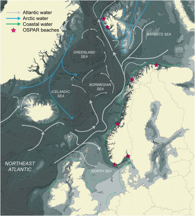 Kart over havstrømmer i havstrømmer i havområdene utenfor Norge, og OSPAR-strendene på Fastlands-Norge og på Svalbard.