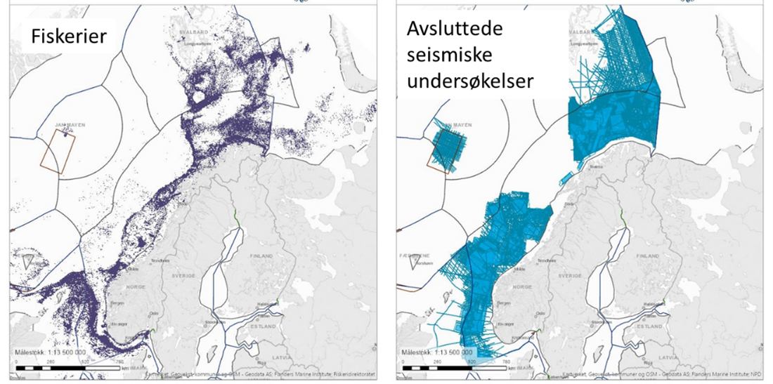 To kart som viser at aktivitetene til fiskerier og seismiske undersøkelser blir gjort på stort sett samme områder.
