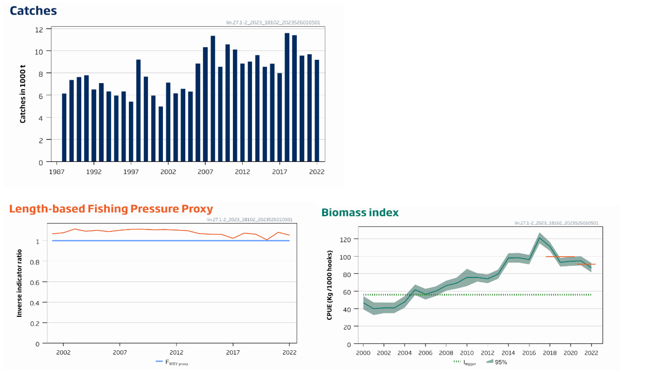 Tre figurer med statistikk for 1. Catches, 2. Length-based Fishing Pressure Proxy og 3. Biomass index