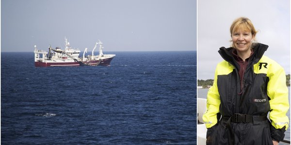 

fiskebåt på havet og portrett av kvinne i kjeledress 