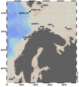 Kart som viser at stasjonane for gråsteinbit primært var i nord, men også en stasjon i Nordsjøen.