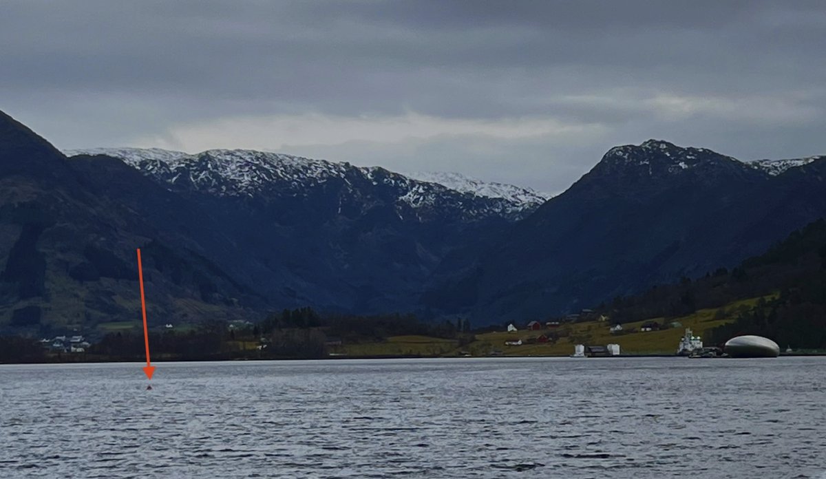 Vi ser fjord og fjell ved Rosendal i Hardangerfjorden. Det er litt snø på toppene. På bildet er det lagt inn en rød pil som markerer hvor i fjorden en knapt synlig oransje målebøye ligger. Helt til høyre i bildet er landemerket The Salmon Eye, en oval metalliskgrå konstruksjon på vannet. Det er noe bebyggelse i bakgrunnen.