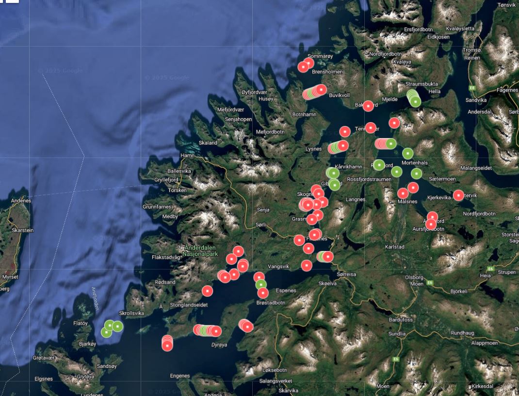 art som viser hvor lyttebøyene er plassert ut. 