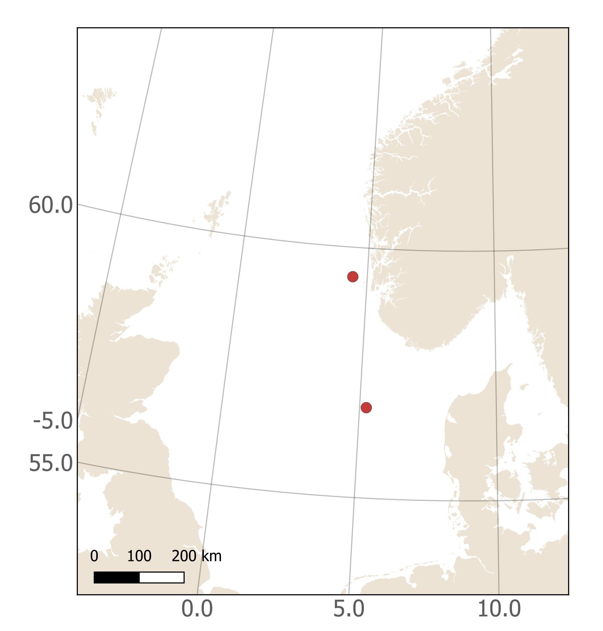 Et kart med to punkt markert i Nordsjøen, ett utenfor Utsida og et i sør