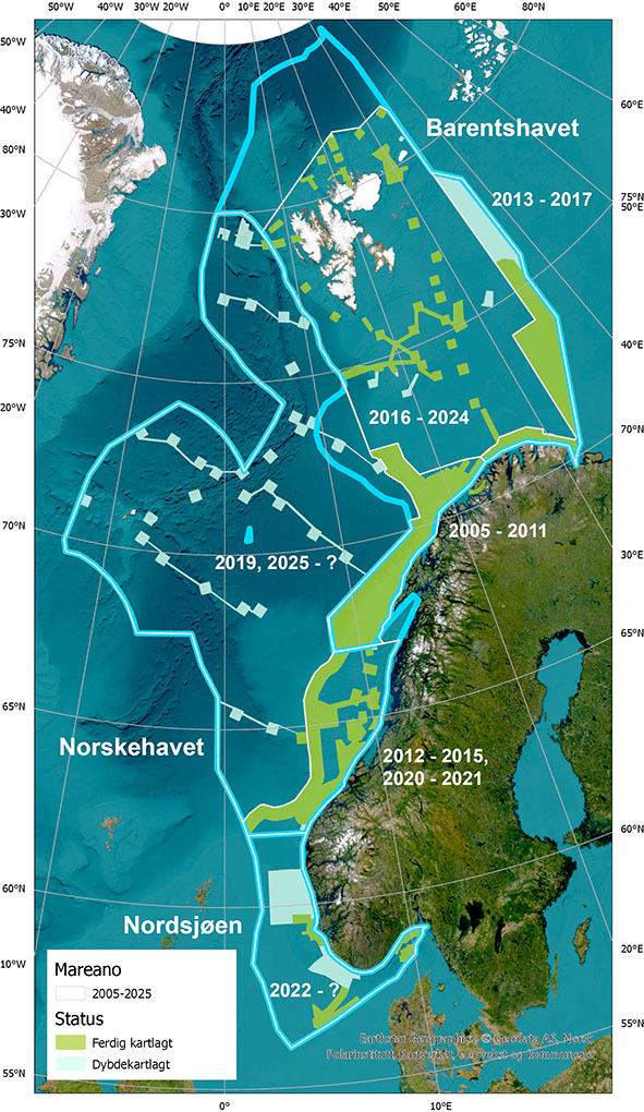 Kart som viser hvilke havområder som er kartlagt i Mareano.