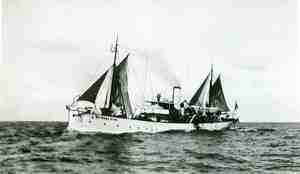 Svarthvitt foto av forskningsskipet Michael Sars til havs med røyk fra pipa.