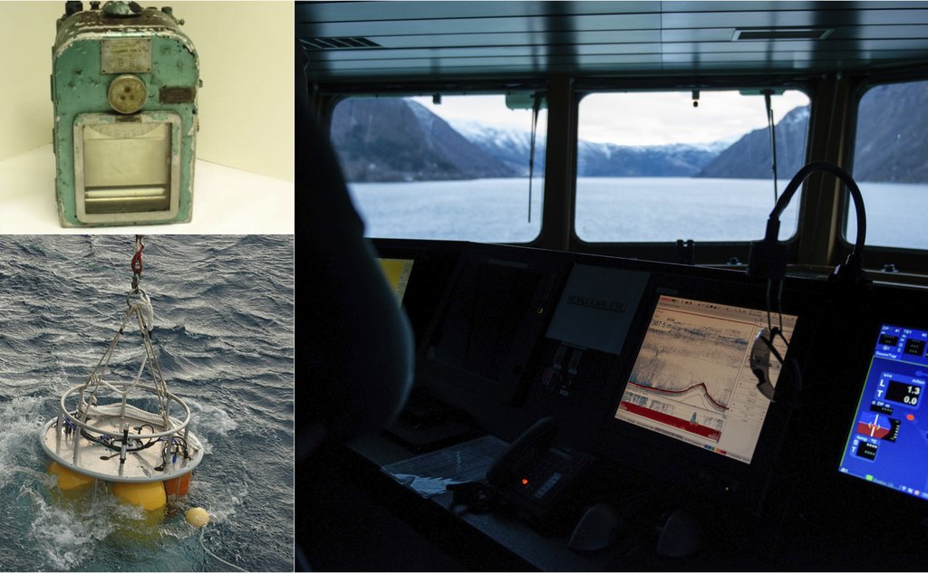 Montasje med et bilde av et gammelt ekkolodd, moderne forskningsinstrumenter som senkes i havet og bilde av ekkoloddskjerm fra broen på et skip.