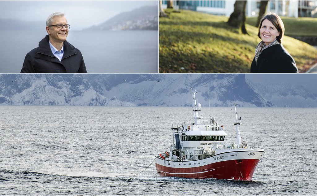Øverst til venstre er havforskningsdirektøren i profil, med lyseblå skjorte og mørkeblå frakk i overskyet vær. Byfjorden i Bergen i bakgrunnen. Oppe til høyre er Ceilie Hansen i profil, med svart kåpe og storprikkete sjal. Hun er knipset i sollys, med gress og trære i bakgrunnen. Nederst ser vi en fiskebåt som setter snurrevad i Lofoten, men snødekte fjell i bakgrunnen. 
