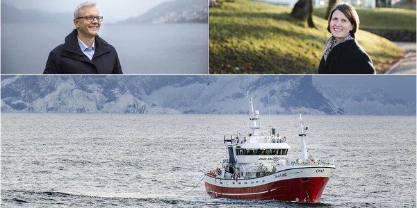 

Øverst til venstre er havforskningsdirektøren i profil, med lyseblå skjorte og mørkeblå frakk i overskyet vær. Byfjorden i Bergen i bakgrunnen. Oppe til høyre er Ceilie Hansen i profil, med svart kåpe og storprikkete sjal. Hun er knipset i sollys, med gress og trære i bakgrunnen. Nederst ser vi en fiskebåt som setter snurrevad i Lofoten, men snødekte fjell i bakgrunnen. 