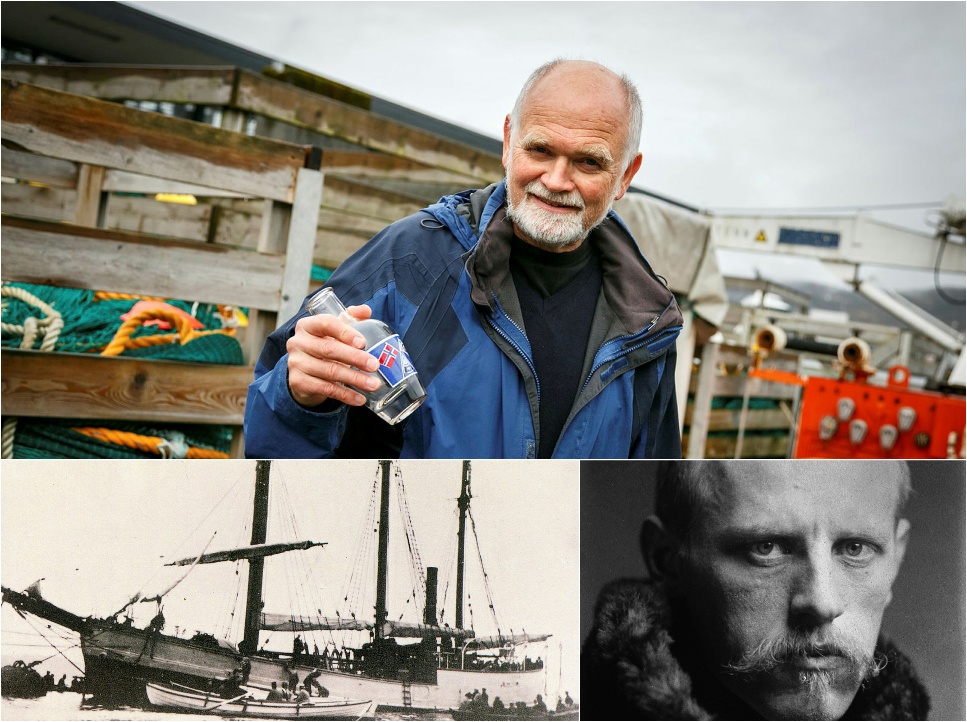 
Montasje med bilde av havforsker som holder en glassflaske, polarskuta Fram og Fridtjof Nansen