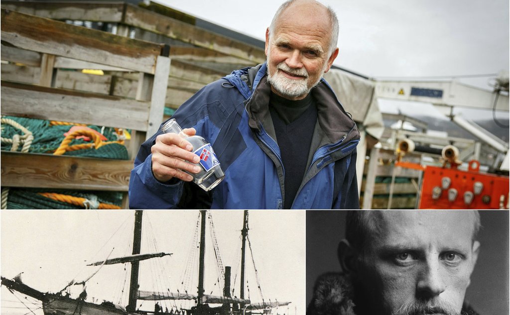 Montasje med bilde av havforsker som holder en glassflaske, polarskuta Fram og Fridtjof Nansen
