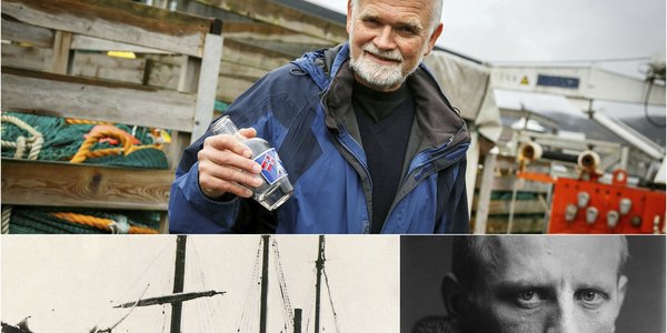 

Montasje med bilde av havforsker som holder en glassflaske, polarskuta Fram og Fridtjof Nansen
