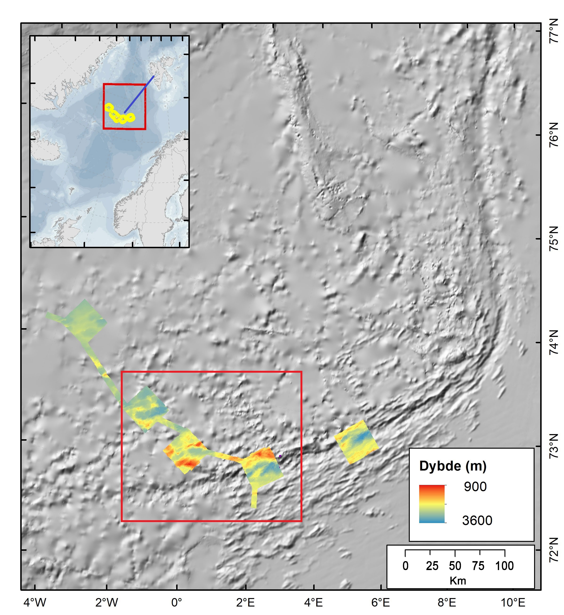 Oversiktskart som vise kvar kartleggingsområdet samanlikna med Noreg.