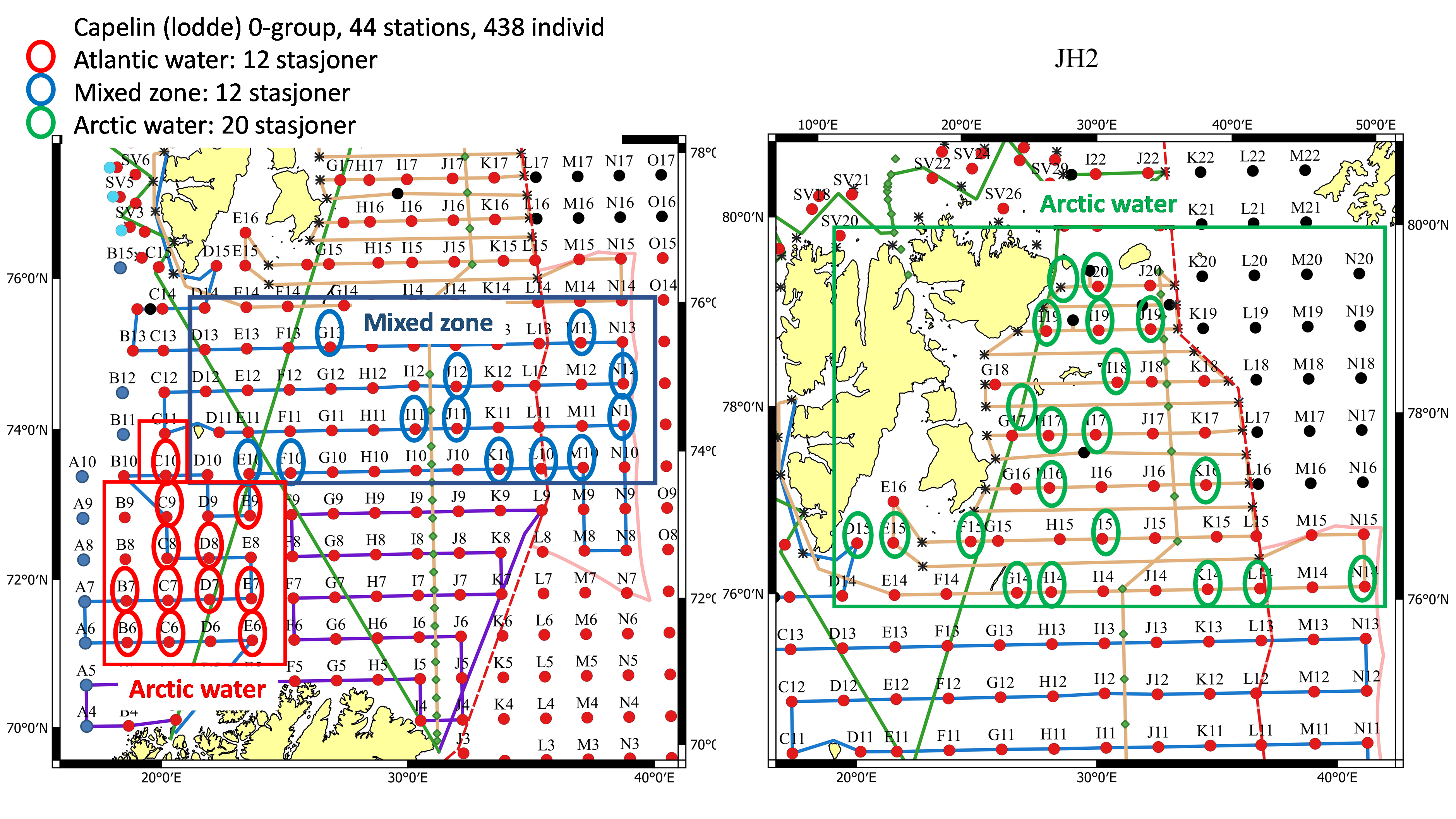 Overview over 44 stations with capelin 0-group collections