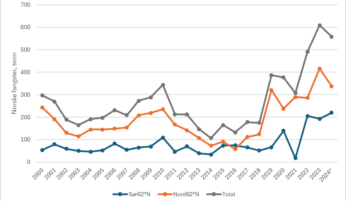 Norske fangster av blålange (tonn) sør og nord for 62°N (ICES område 3+4 og 1+2) i perioden 2000-2024 (* tall for 2024 er foreløpige tall).