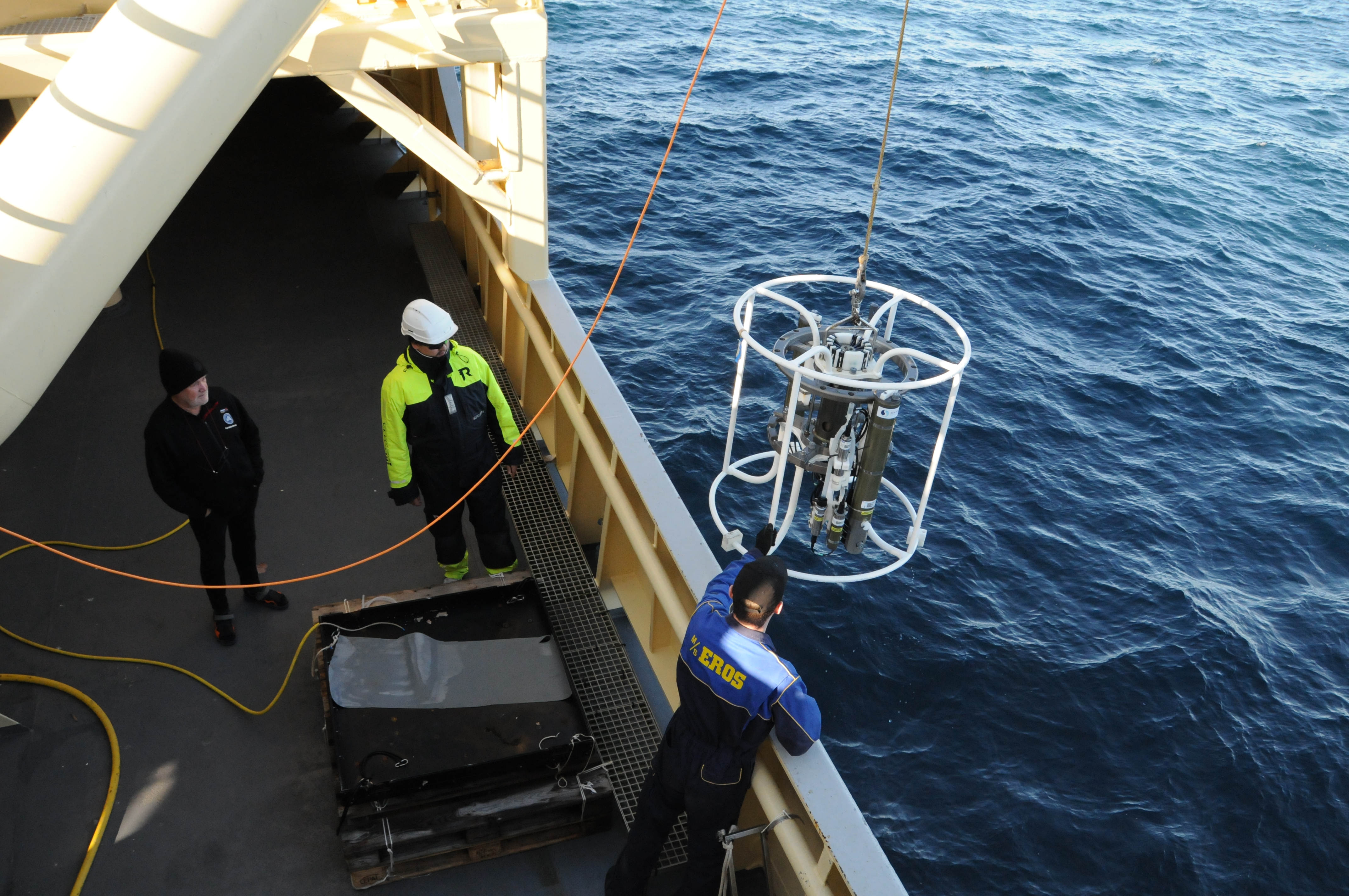 Utsikt frå broen om bord på et forskningsfartøy. På dekk står tre personer, en av dem holder i en CTD-sonde som blir senket ned i havet.