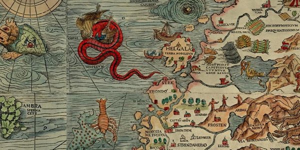 

Gammelt sjøkart med illustrasjoner av mange skapninger på havet, blant annet et sjøorm-lignende dyr som tar en seilskyte utenfor Helgelandskysten.