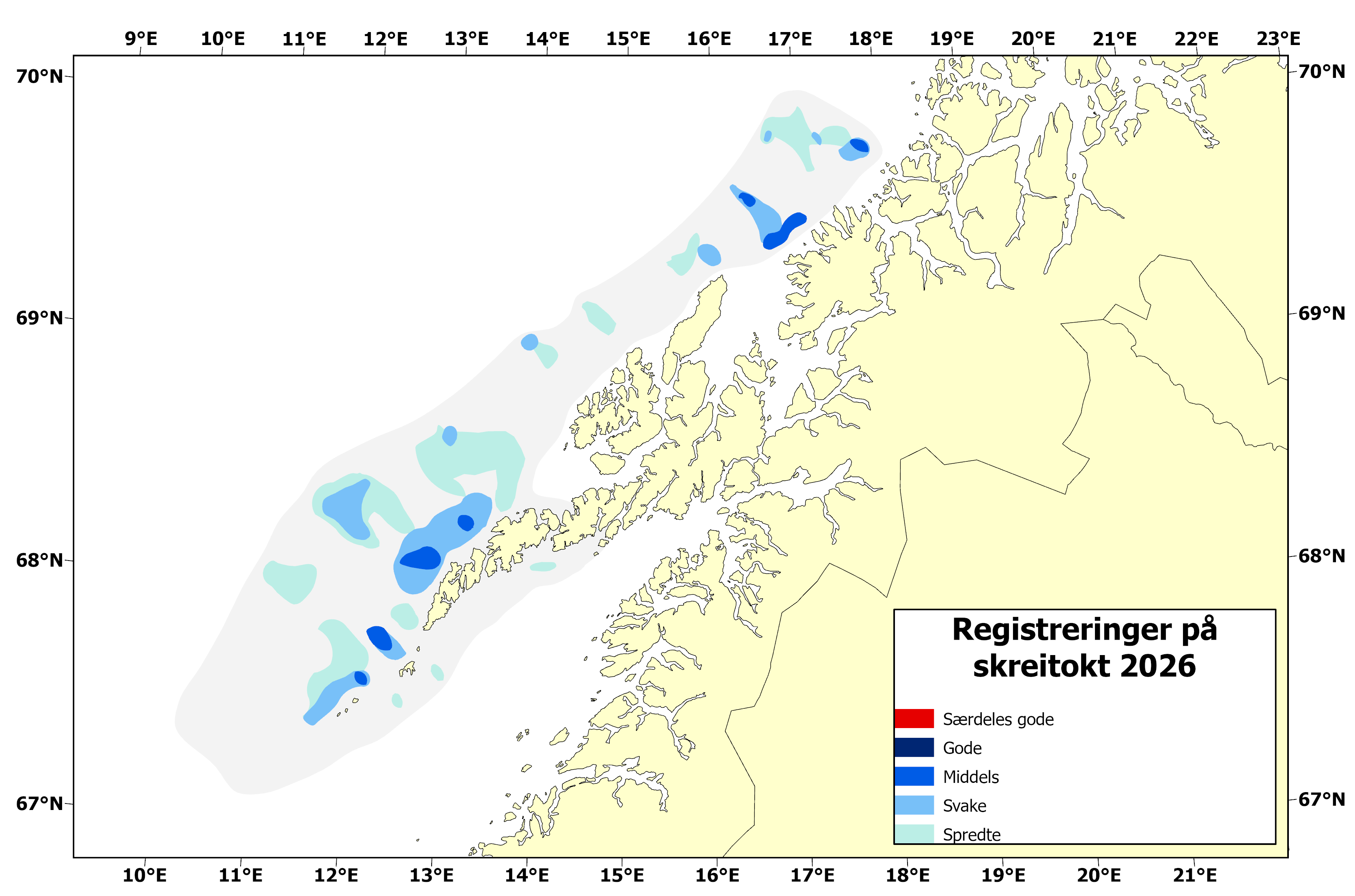 kart over lofoten med fargede felt som viser mengdene torsk