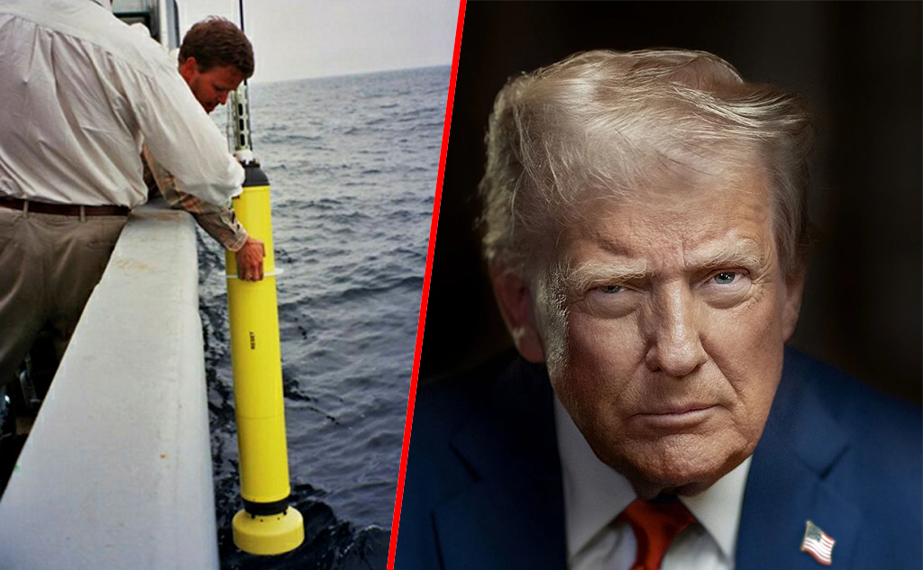 kollasj av argobøye og Donal Trump